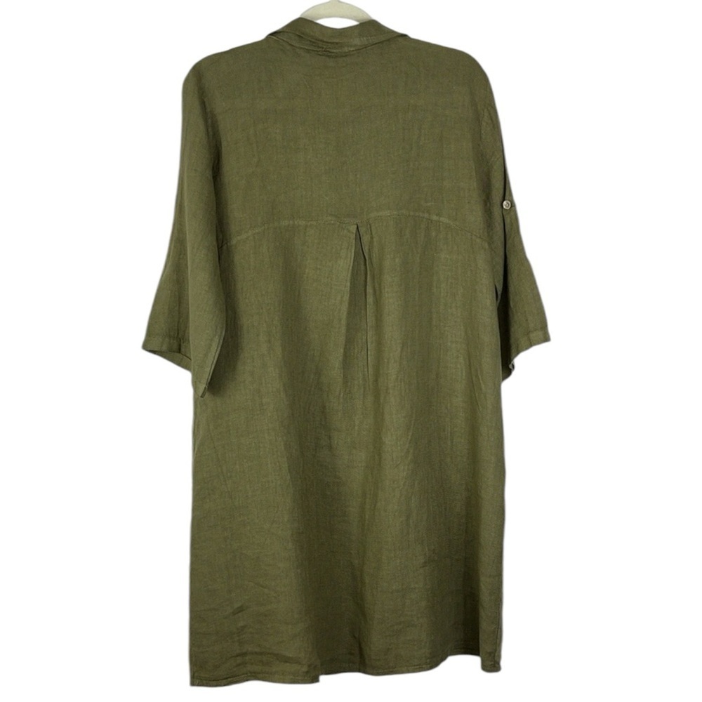 NWT Elena Baldi dress midi linen pockets roll tab sleeves Army Green Sz L - Picture 9 of 10
